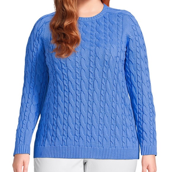 Land’s End Women's Cotton Drifter Cable Crew Neck Sweater Blue sweater 1X - Picture 8 of 9
